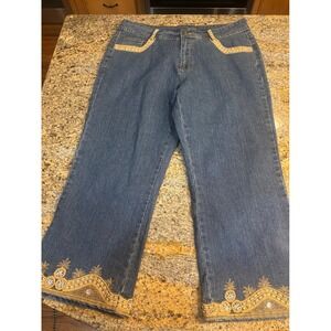 NEW ASHRO Embellished Denim Capris Cropped Jeans Gold Tan Embroidery Size 14